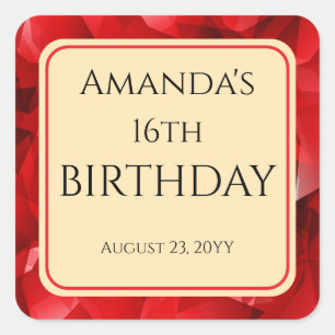 Red Abstract Crystal Design Birthday Custom Text Square Sticker