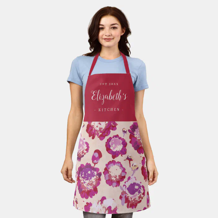 PINK FLORAL APRON with SMALL CUPCAKES Great present LADIES PERSONALISED LILAC 