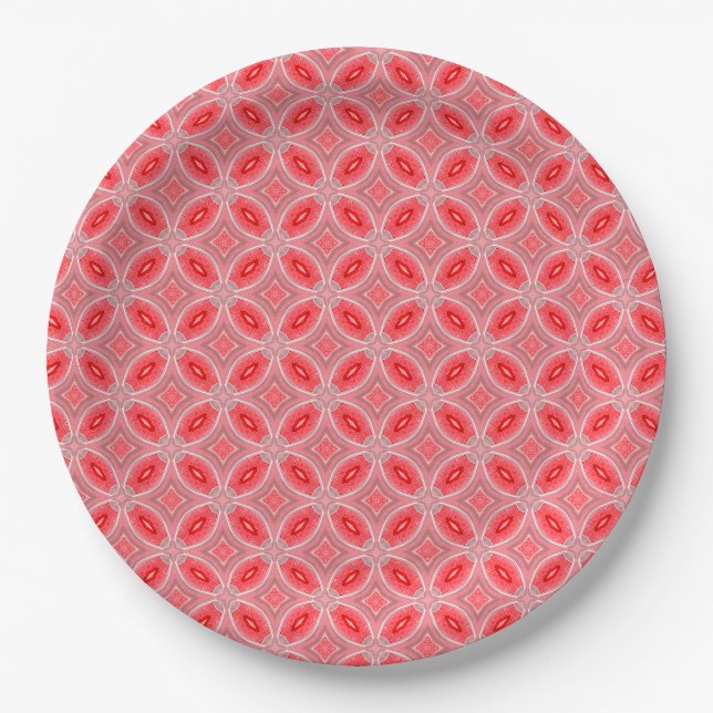 Red Abstract Flower Forms Pattern Paper Plates (Front)