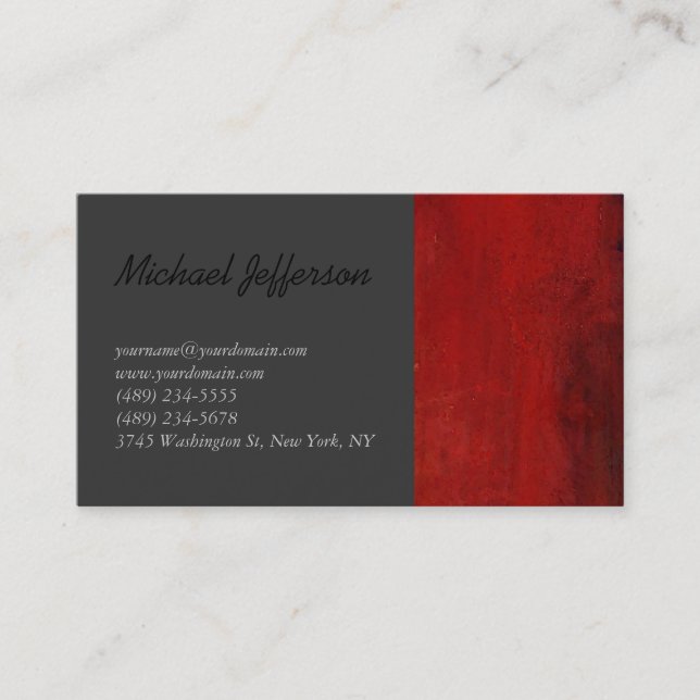 Red Abstract Gray Script Business Card (Front)