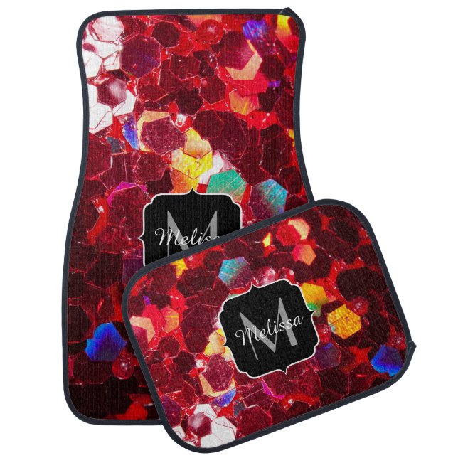 Red abstract hexagon mosaic shiny glitter Monogram Car Mat (Set)