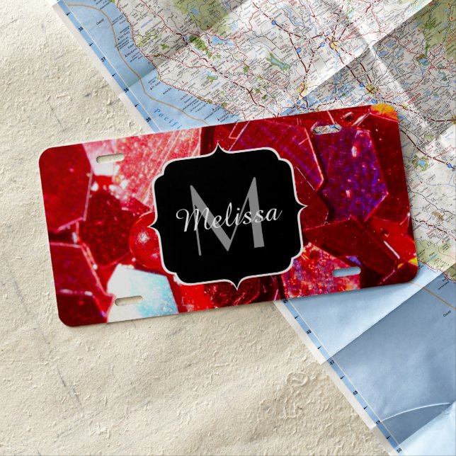 Red abstract mosaic shiny glitter Monogram License Plate (In Situ)
