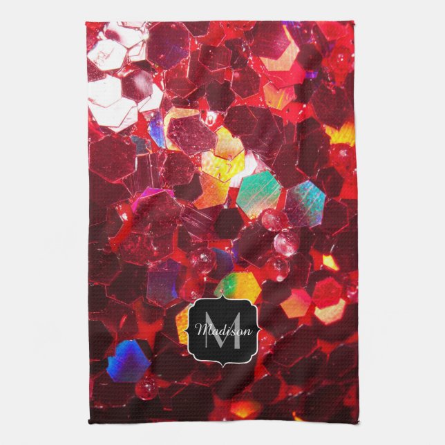 Red abstract mosaic shiny glitter Monogram Towel (Vertical)