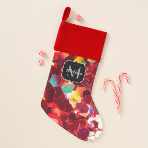 Red abstract mosaic shiny glitter pattern Monogram Christmas Stocking