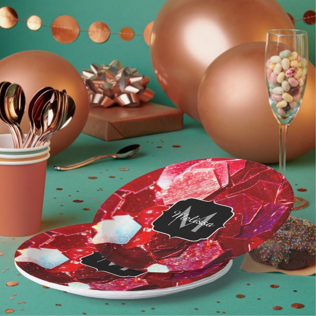 Red abstract mosaic shiny glitter pattern Monogram Paper Plates (Multi)