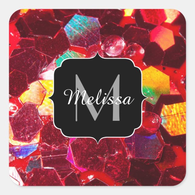 Red abstract mosaic shiny glitter pattern Monogram Square Sticker (Front)