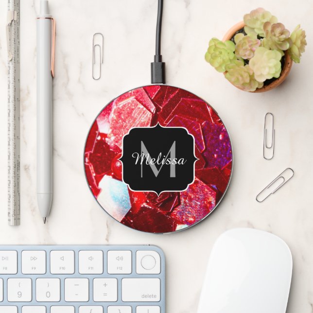Red abstract mosaic shiny glitter pattern Monogram Wireless Charger (Desk)
