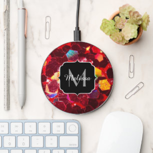Red abstract mosaic shiny glitter pattern Monogram Wireless Charger