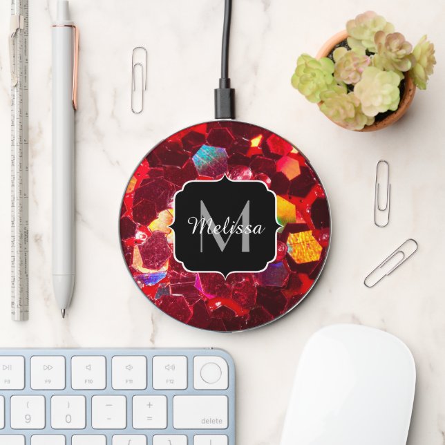 Red abstract mosaic shiny glitter pattern Monogram Wireless Charger (Desk)