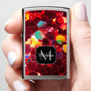 Red abstract mosaic shiny glitter pattern Monogram Zippo Lighter