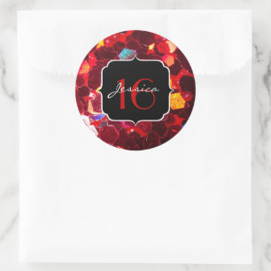 Red abstract mosaic shiny glitter pattern Sweet 16 Classic Round Sticker