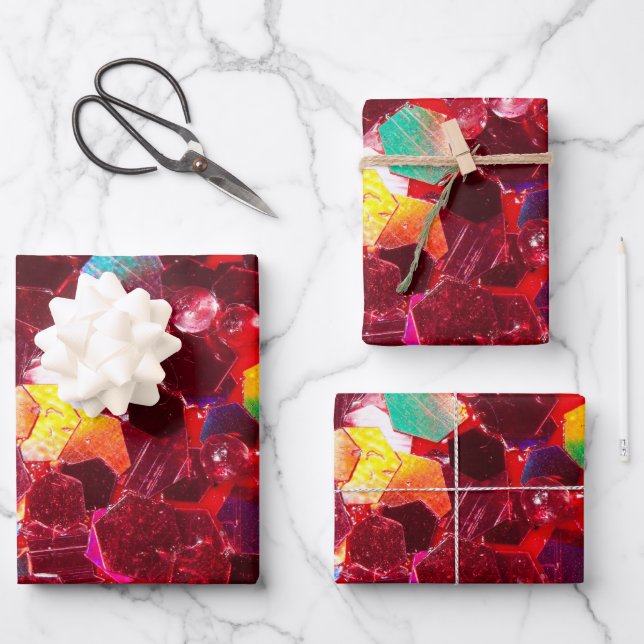 Red abstract mosaic shiny glitter pattern wrapping paper sheets (Front)