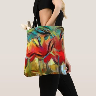 Red abstract painted tulips, flowers, floral tote