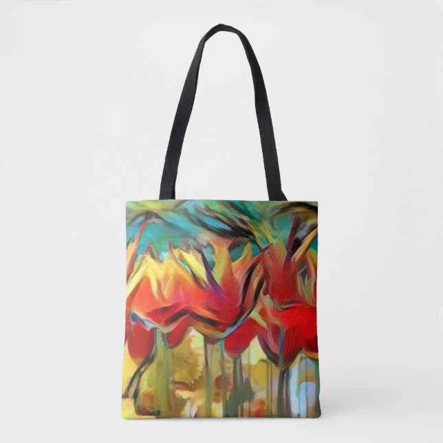 Red abstract painted tulips, flowers, floral tote bag (Front)