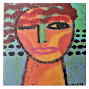 Red Abstract Painting of a Woman on OSB Board Ceramic Tile