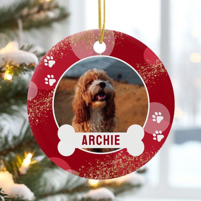 Red Abstract Paw Print Pet Photo Ceramic Ornament (Creator Uploaded)