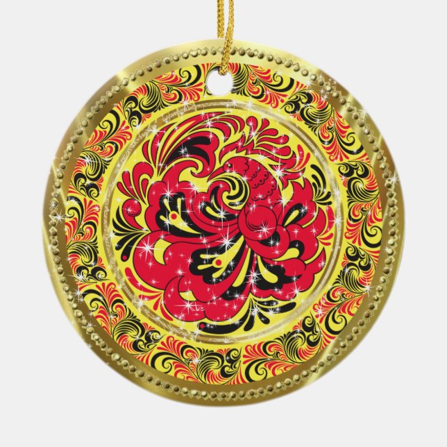 Red Abstract Phoenix Bird-Gold & Sparkles Ceramic Ornament (Front)