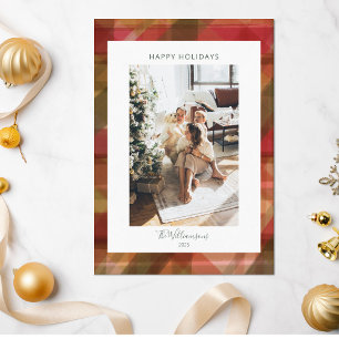 Red Abstract Plaid Rustic Two 2 Photo Christmas Holiday Card