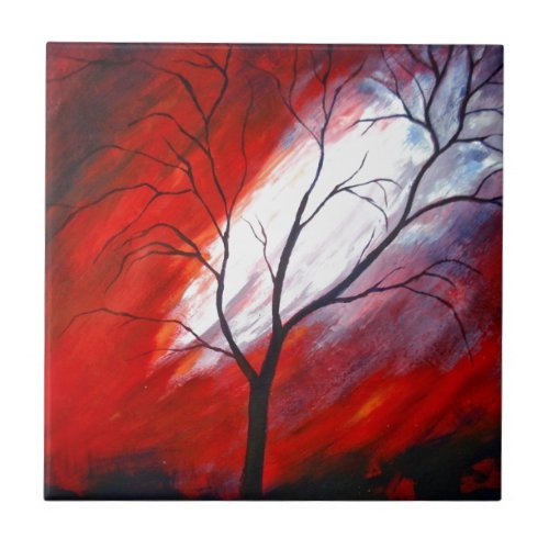 Red Abstract Tree Artwork Ceramic Tile