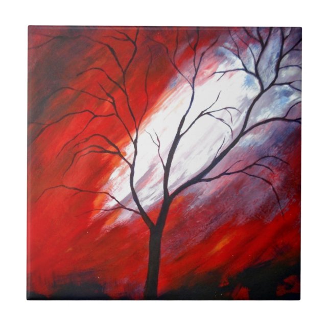 Red Abstract Tree Artwork Ceramic Tile (Front)