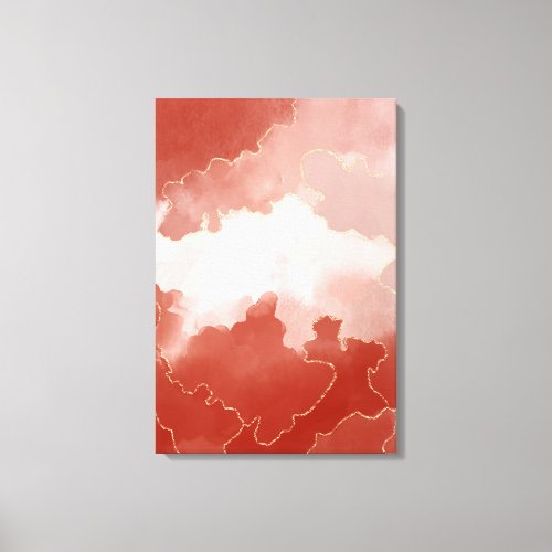 Red Abstract Watercolor Clouds Gold Glitter Veins Canvas Print