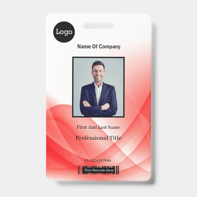 Red Abstract Wave Business Photo ID Badge (Front)