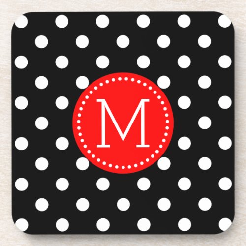 Red Accent Black And White Polkadots Pattern Beverage Coaster