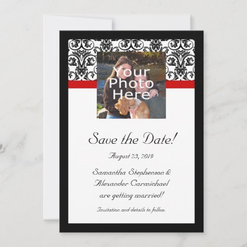 Red Accent BlackWhite Damask Save the Date Photo Invitation