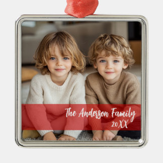 Red Accent Custom Photo & Sentiment Christmas Metal Ornament
