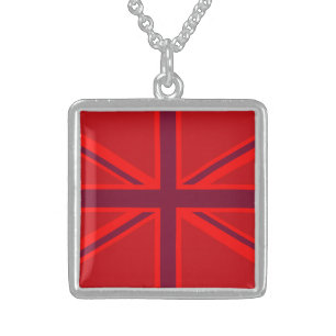 Red Accent Union Jack Design Sterling Silver Necklace