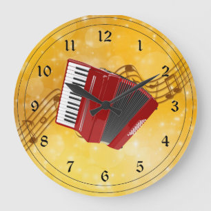 Red Accordion and Musical Notes Large Clock