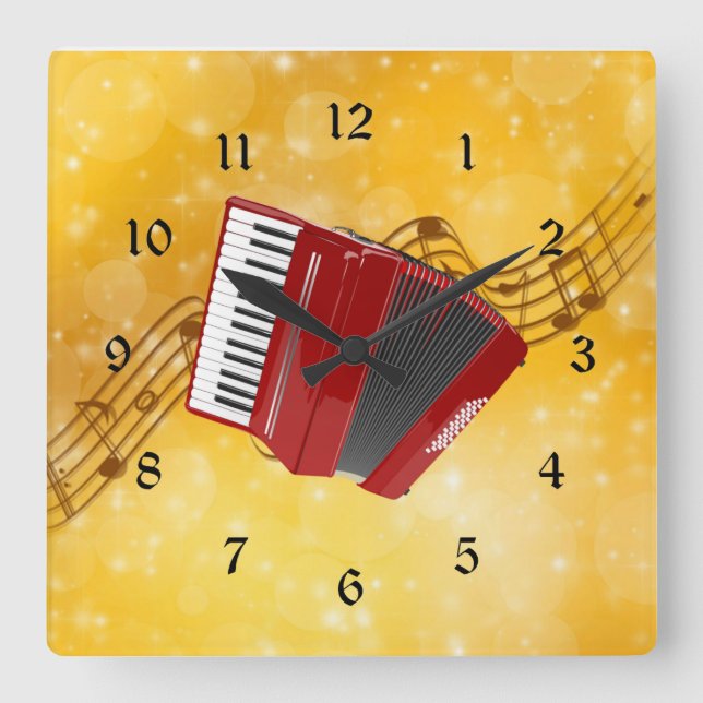Red Accordion and Musical Notes Square Wall Clock (Front)