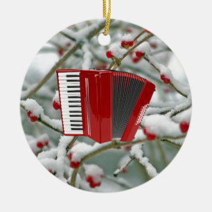 Red Accordion - Berries in the Snow Background Ceramic Ornament