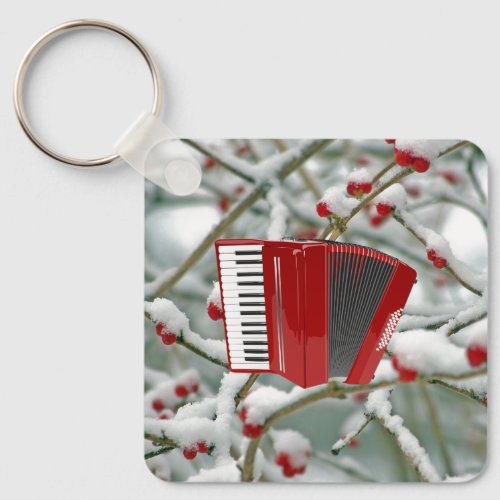 Red Accordion _ Berries in the Snow Background Keychain
