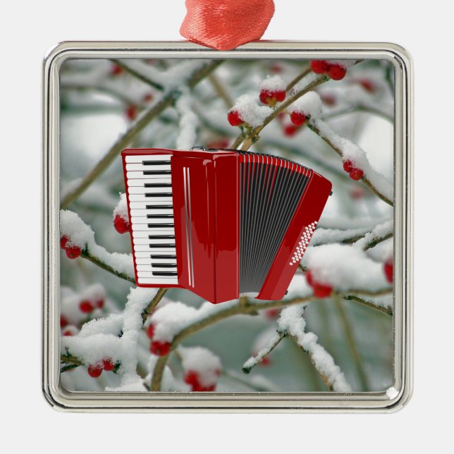 Red Accordion - Berries in the Snow Background Metal Ornament (Front)