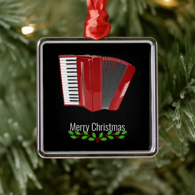 Red Accordion, Merry Christmas,  Metal Ornament (Tree)