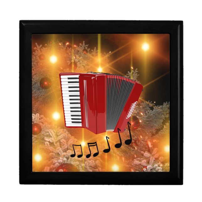 Red Accordion on Gold Christmas Motif Jewelry Box (Front)