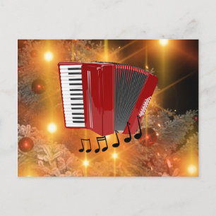 Red Accordion on Holiday Gold Paper Postcard
