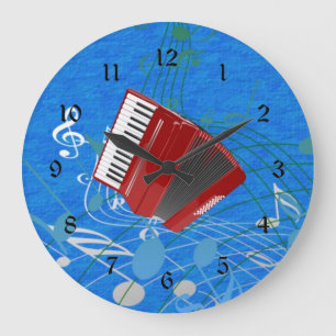Red Accordion on Musical Notes Large Clock