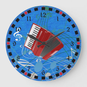 Red Accordion on Musical Notes Large Clock