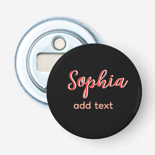 Red add name girl boss text black elegant bottle opener (Front)