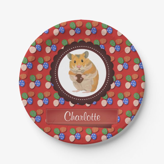 Red Add Your Name Hamster Easter Paper Plates (Front)