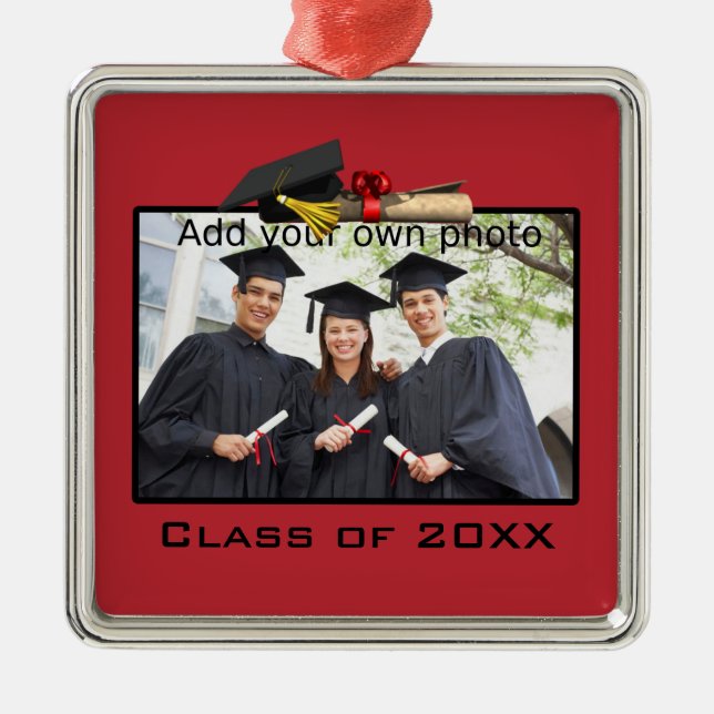 Red Add your Photo / Year Graduation Metal Ornament (Front)