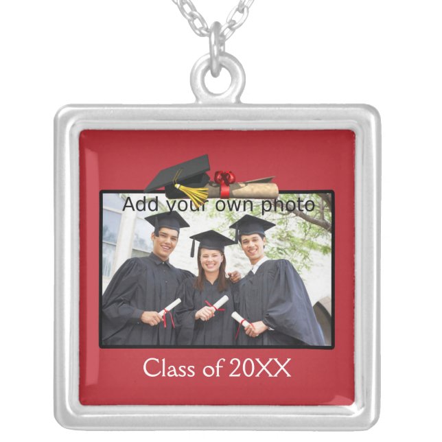 Red Add your Photo / Year Graduation Silver Plated Necklace (Front)