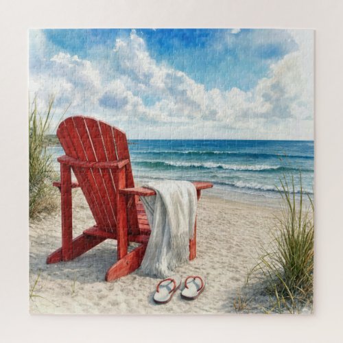 Red Adirondack Beach Chair with Flip-flops Jigsaw Puzzle
