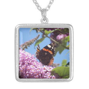 Red Admiral Butterfly on Buddleia Silver Plated Necklace