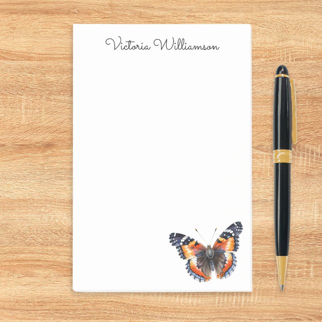 Red Admiral Butterfly Watercolor Personalized Post-it Notes (A set of sticky notes with watercolor-effect butterfly and custom name in elegant script typography)