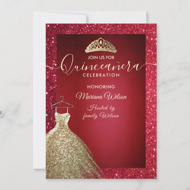 Red adorable Gold sequins dress tiara Quinceañera  Invitation (Front)