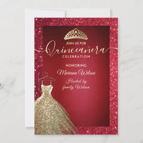 Red adorable Gold sequins dress tiara Quinceaera  Invitation