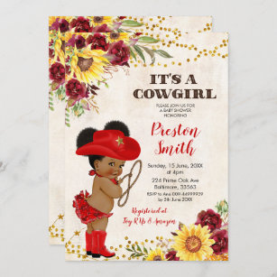 Red African Cowgirl Rose and Sunflower Baby Shower Invitation